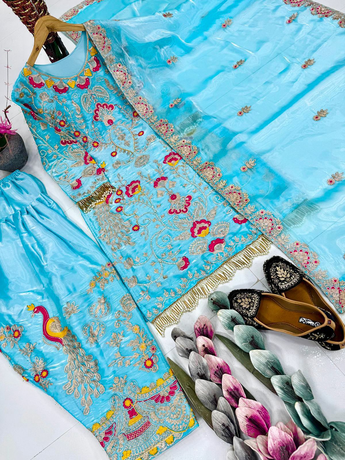 Luxurious Sky Blue 3-Piece Plazzo Set | Heavy Jimmy Choo Party Wear Top, Plazzo & Dupatta