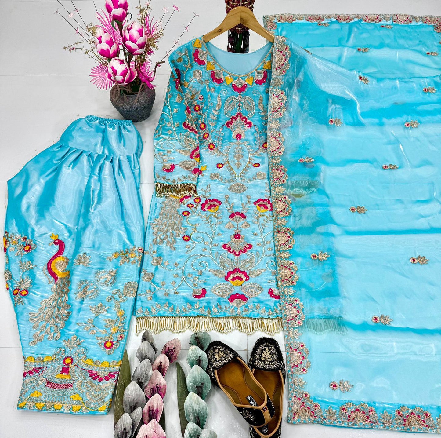 Luxurious Sky Blue 3-Piece Plazzo Set | Heavy Jimmy Choo Party Wear Top, Plazzo & Dupatta
