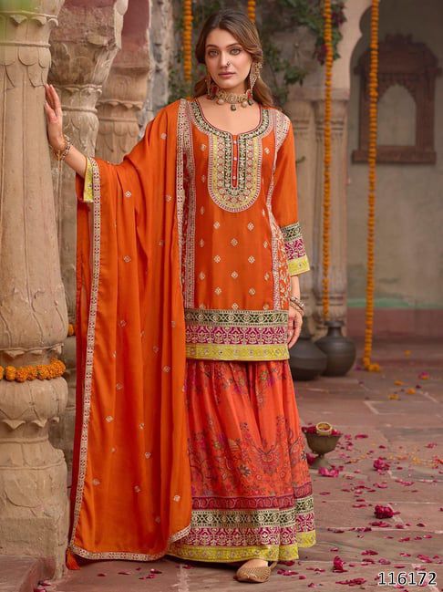 Pakistani Style Designer Sharara – Pink, Yellow, Parrot & Orange