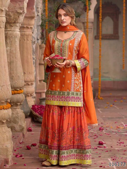 Pakistani Style Designer Sharara – Pink, Yellow, Parrot & Orange