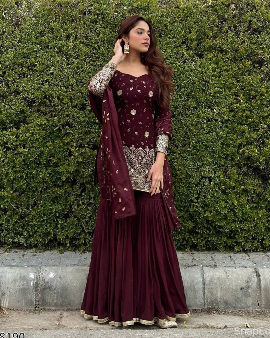 Maroon Sharara Palazzo Dress for Karwa Chauth