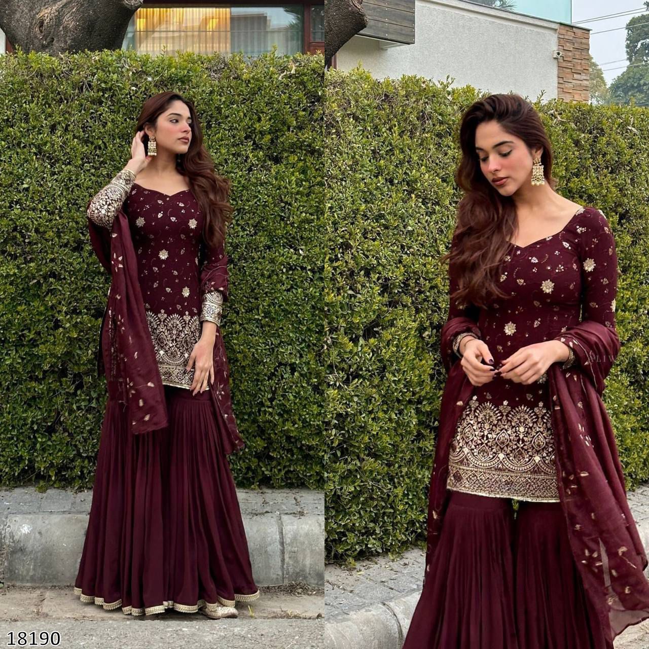 Maroon Sharara Palazzo Dress for Karwa Chauth