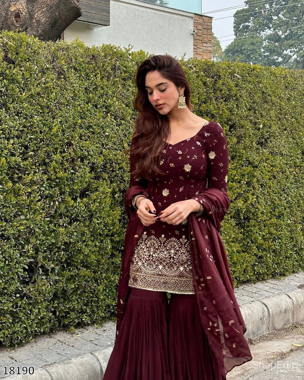 Maroon Sharara Palazzo Dress for Karwa Chauth
