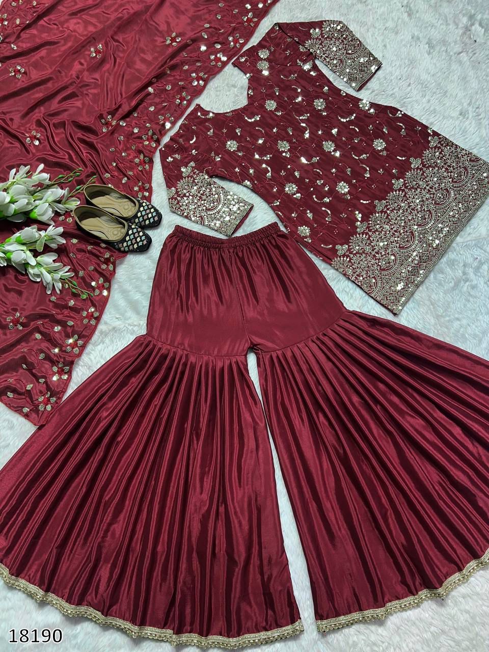 Maroon Sharara Palazzo Dress for Karwa Chauth