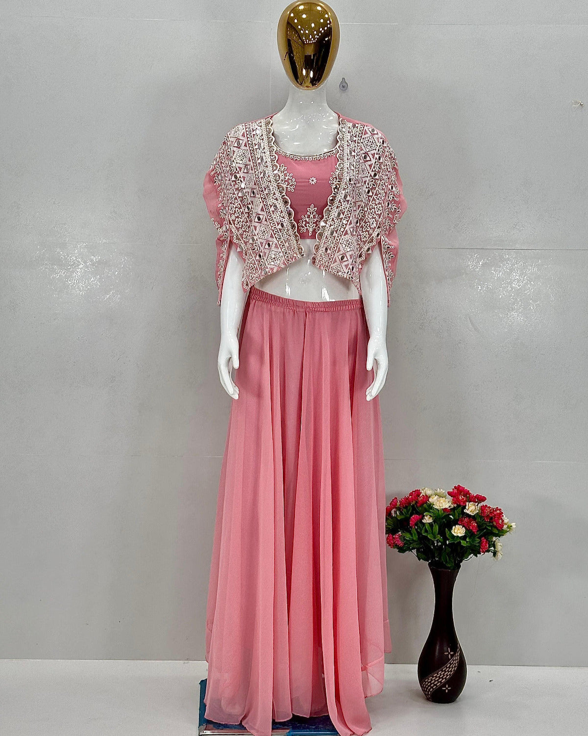 New Party Wear Koti Blouse Suit Set – Faux Georgette with Real Mirror Hand Work