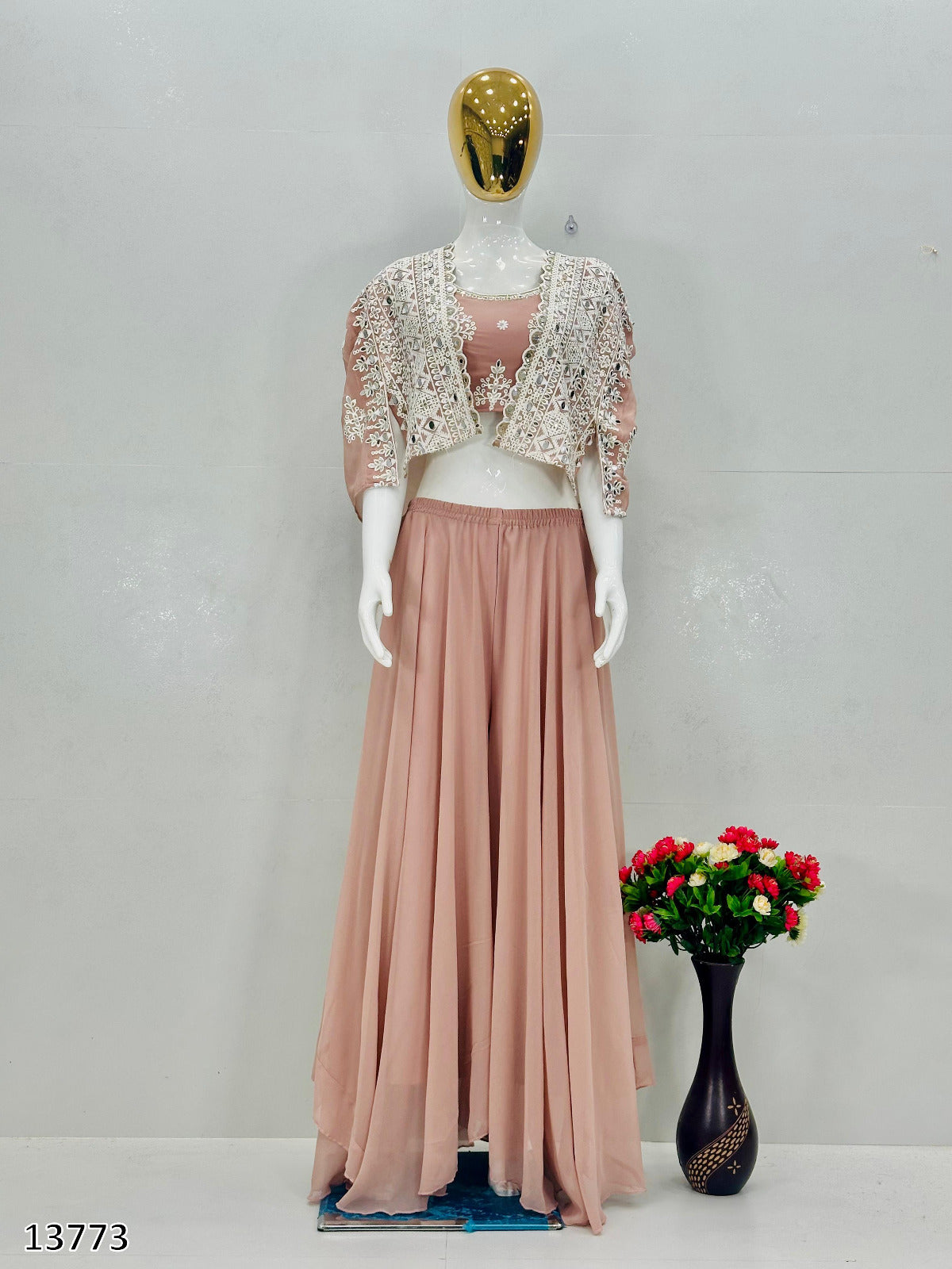 New Party Wear Koti Blouse Suit Set – Faux Georgette with Real Mirror Hand Work