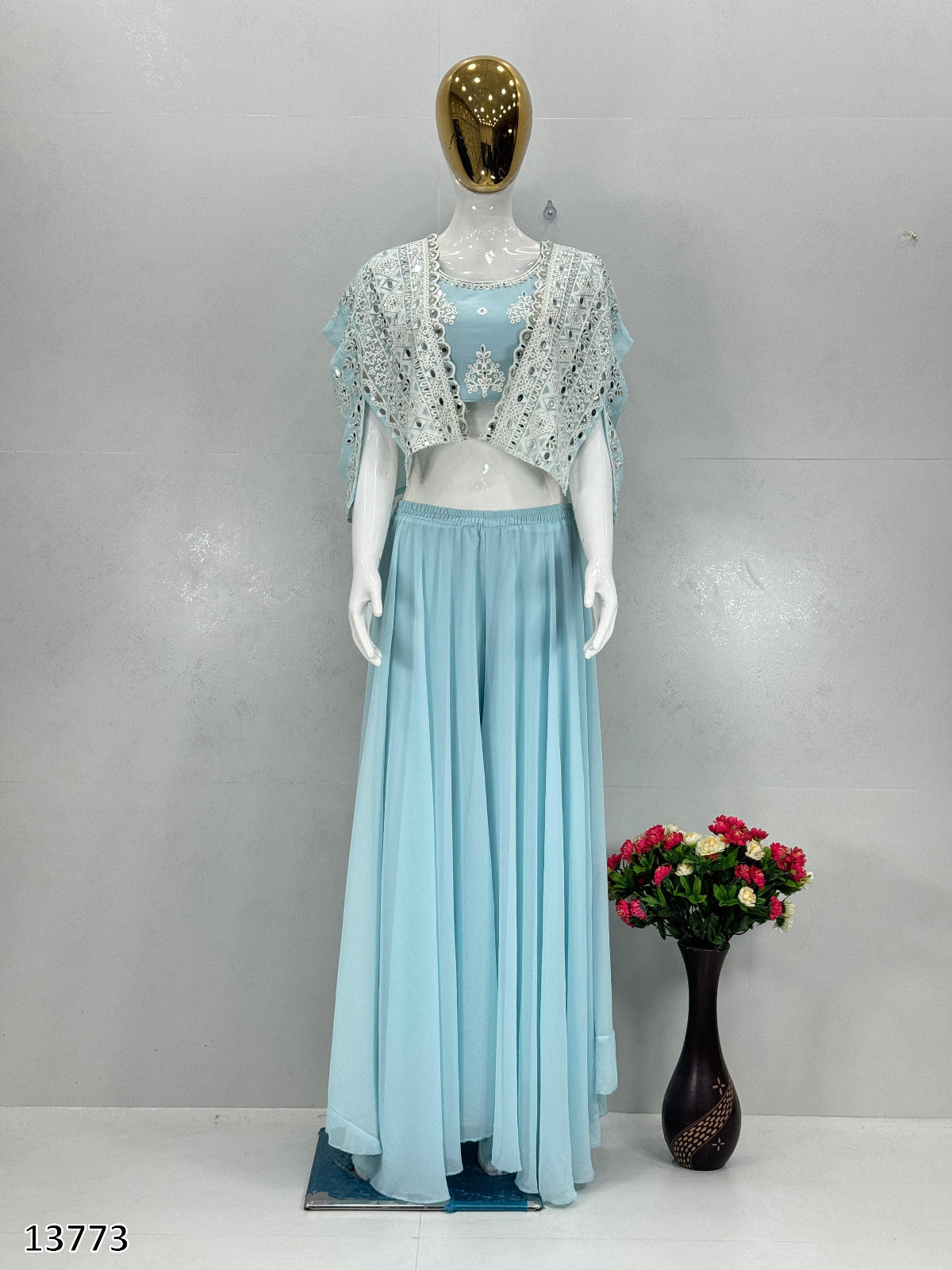 New Party Wear Koti Blouse Suit Set – Faux Georgette with Real Mirror Hand Work