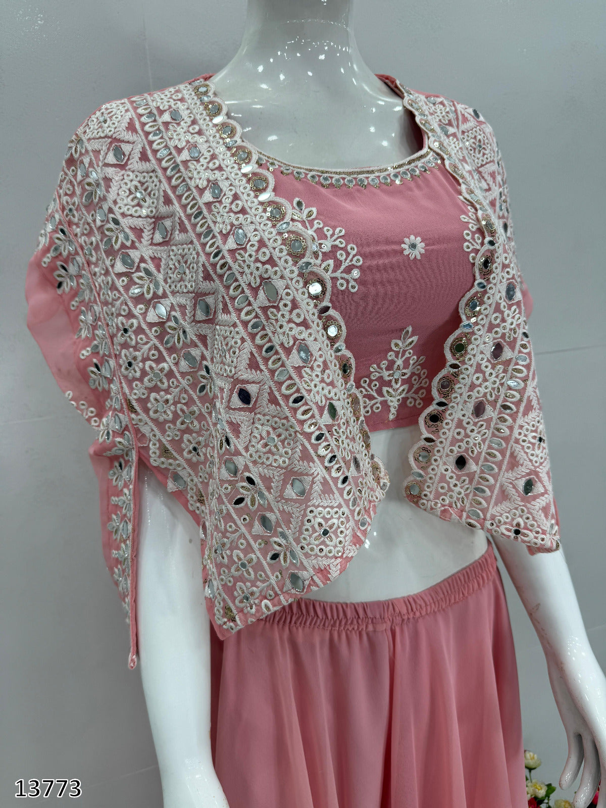 New Party Wear Koti Blouse Suit Set – Faux Georgette with Real Mirror Hand Work