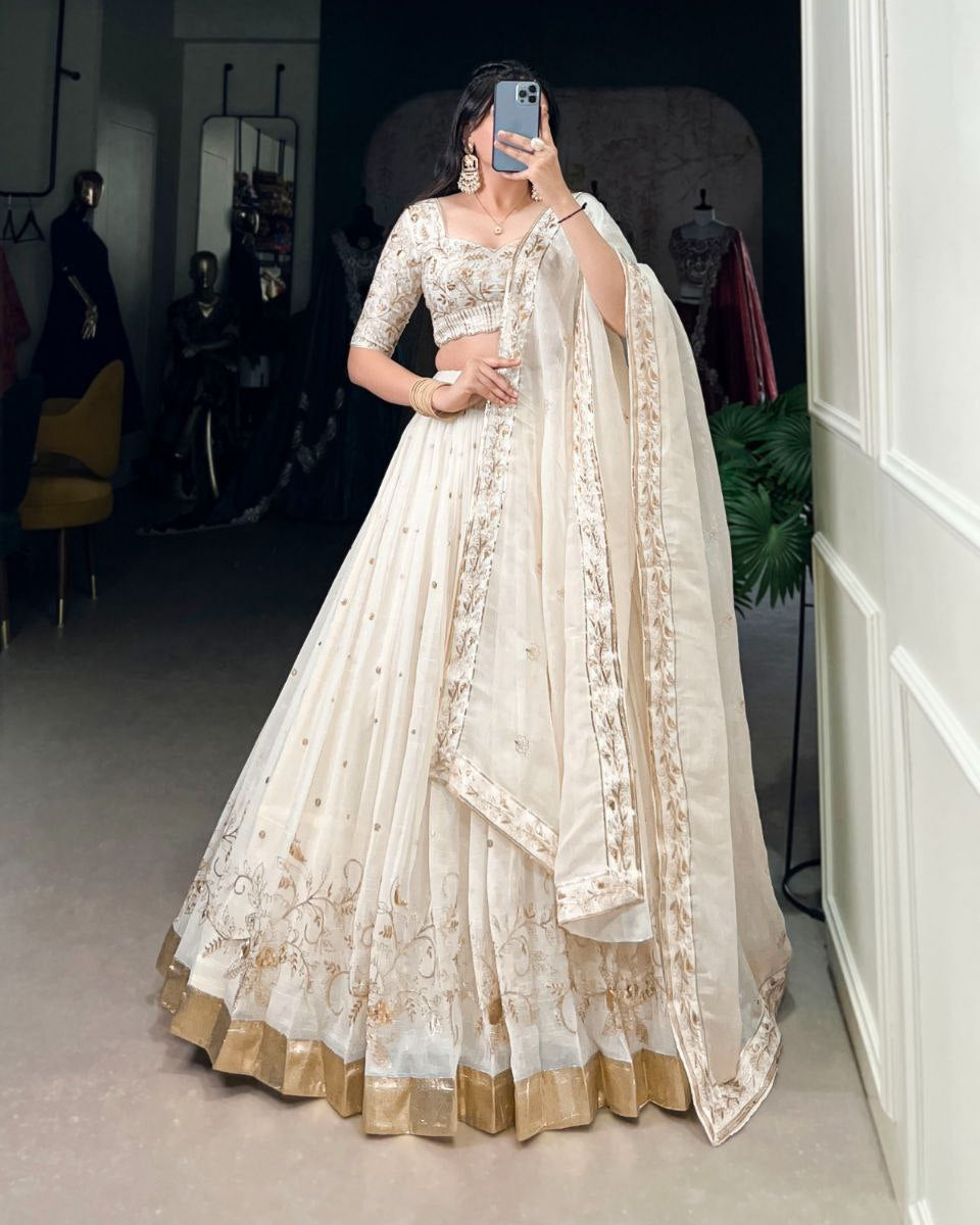 Off-White Silver Glossy Lehenga Choli with Sequins, Embroidery & Foil Work Dupatta