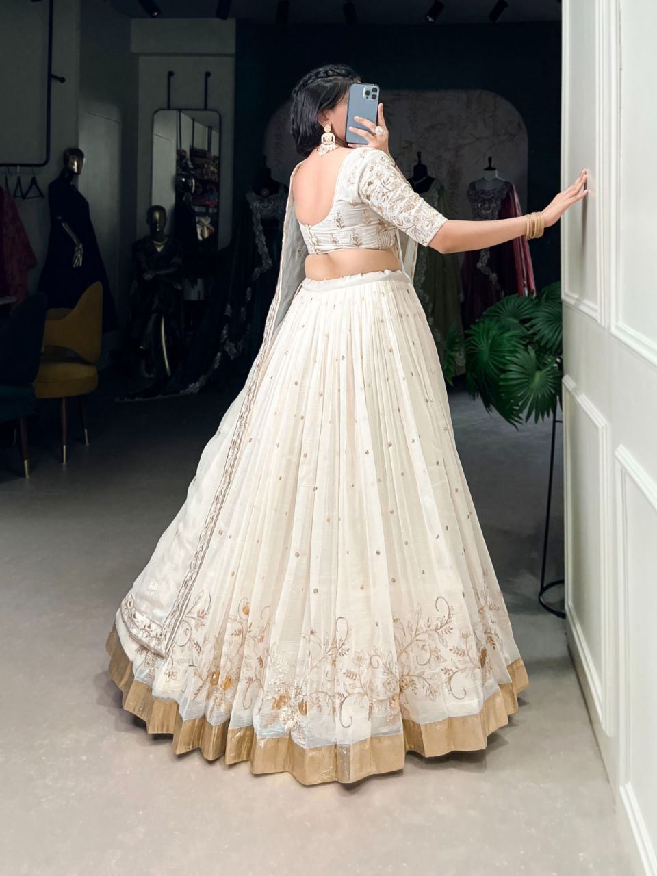 Off-White Silver Glossy Lehenga Choli with Sequins, Embroidery & Foil Work Dupatta