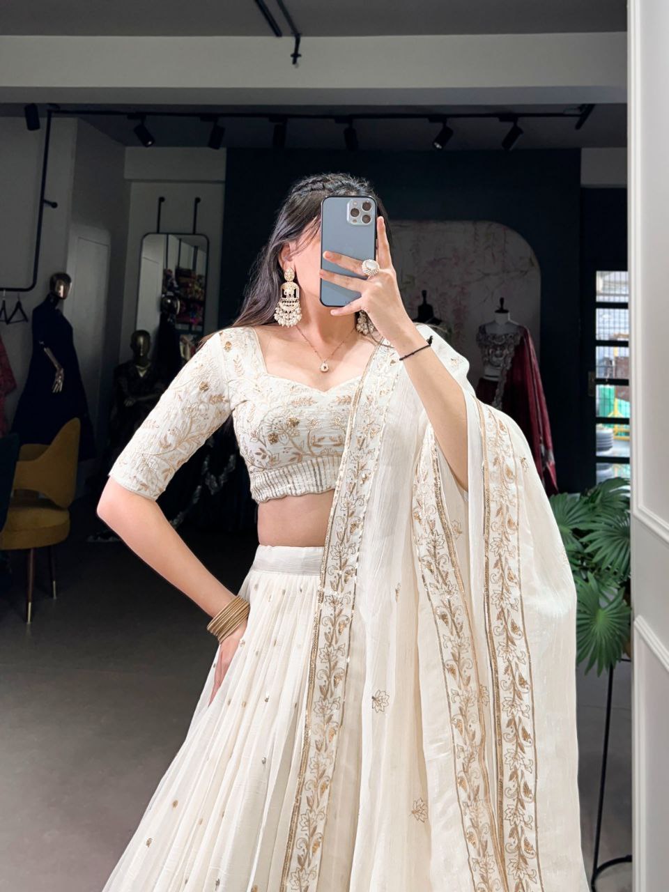 Off-White Silver Glossy Lehenga Choli with Sequins, Embroidery & Foil Work Dupatta