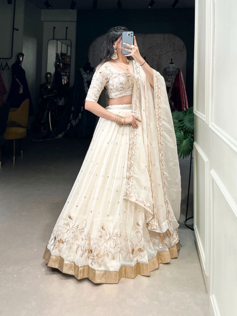 Off-White Silver Glossy Lehenga Choli with Sequins, Embroidery & Foil Work Dupatta