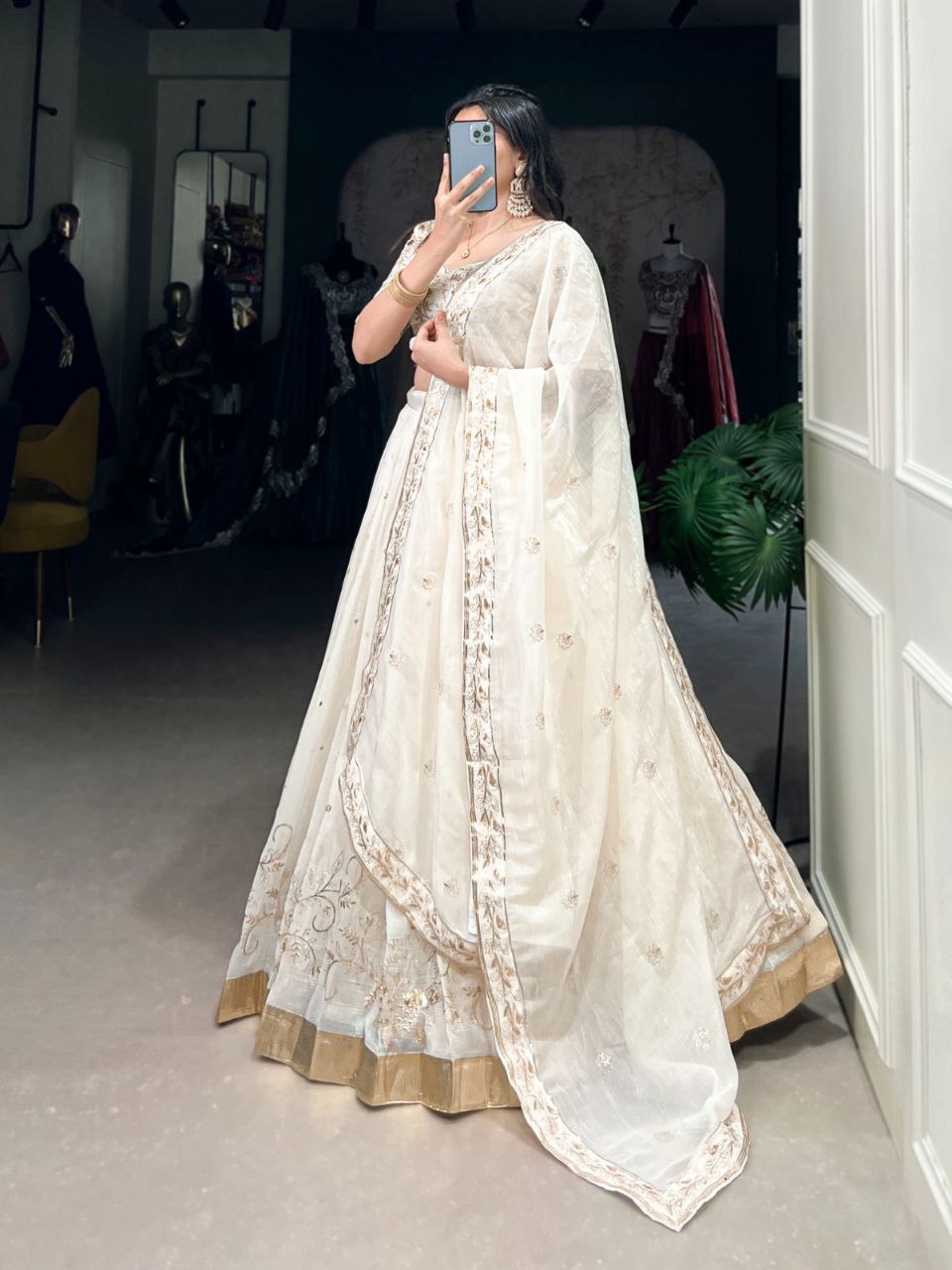 Off-White Silver Glossy Lehenga Choli with Sequins, Embroidery & Foil Work Dupatta