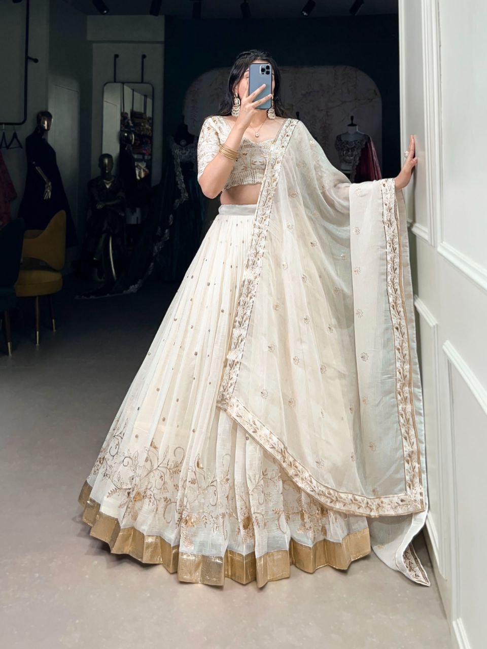 Off-White Silver Glossy Lehenga Choli with Sequins, Embroidery & Foil Work Dupatta