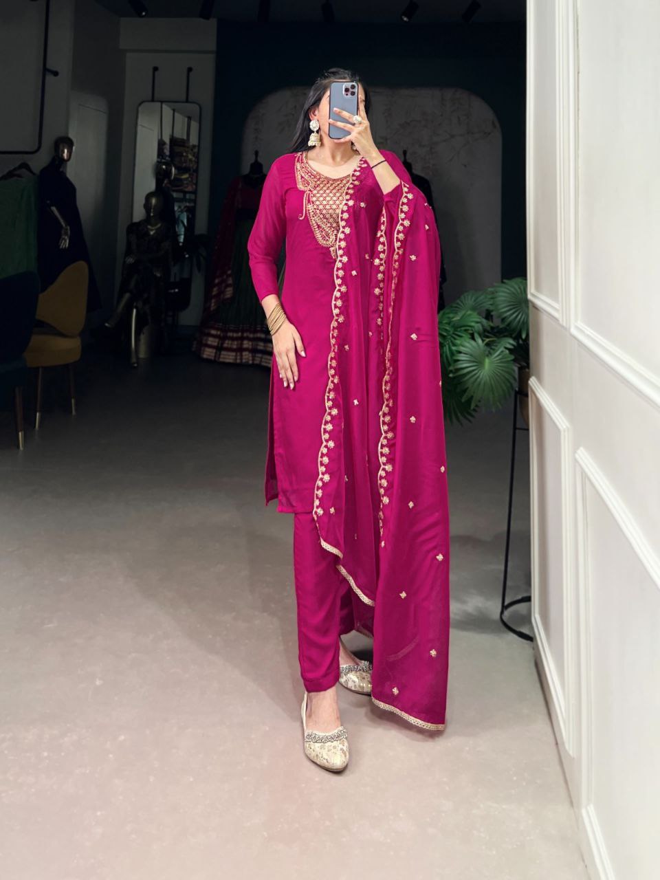 Organza Ethnic Dress Set | Thread & Sequin Embroidery | Top-Bottom-Dupatta | Ready to Wear