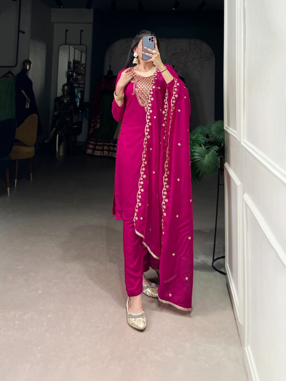 Organza Ethnic Dress Set | Thread & Sequin Embroidery | Top-Bottom-Dupatta | Ready to Wear