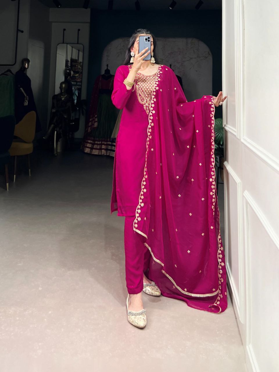 Organza Ethnic Dress Set | Thread & Sequin Embroidery | Top-Bottom-Dupatta | Ready to Wear