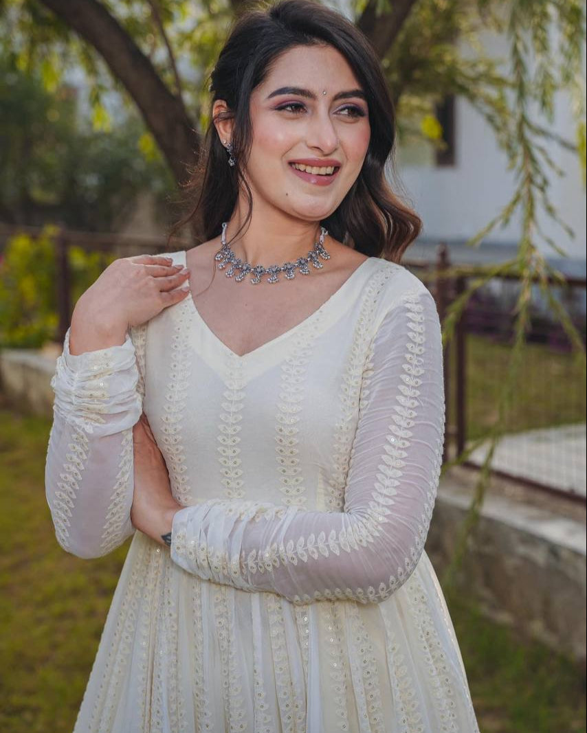 Cream Anarkali Suit with Dupatta – Heavy Embroidered Party Wear Gown