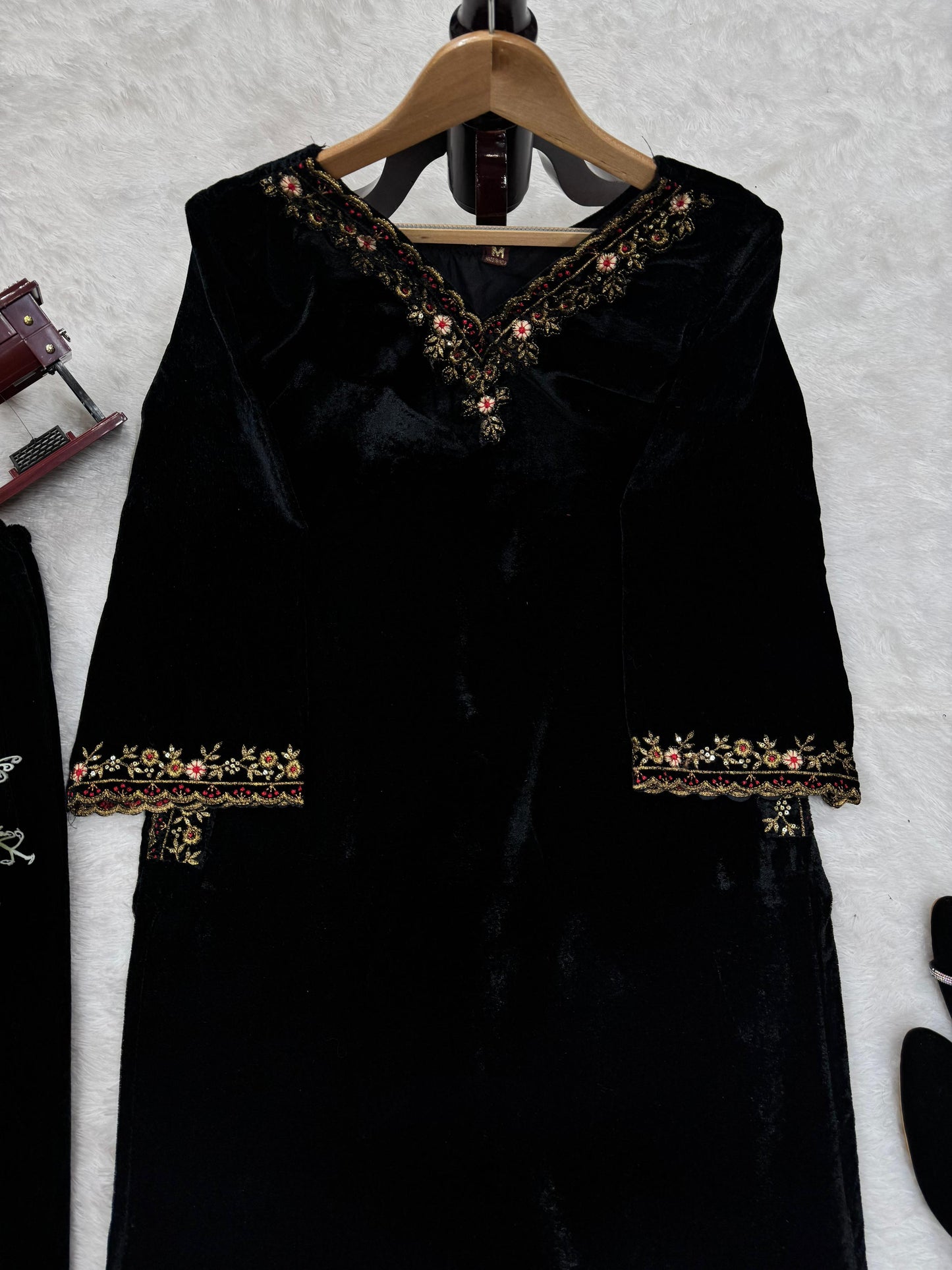 Premium Velvet Suit Set – Embroidered Top with Side Pocket & Fully Stitched Pant