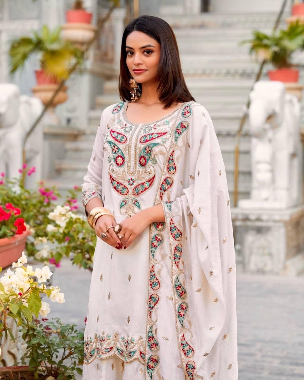 Elegant Chinon Silk Kurti Plazzo Set | Embroidery & Sequence Work
