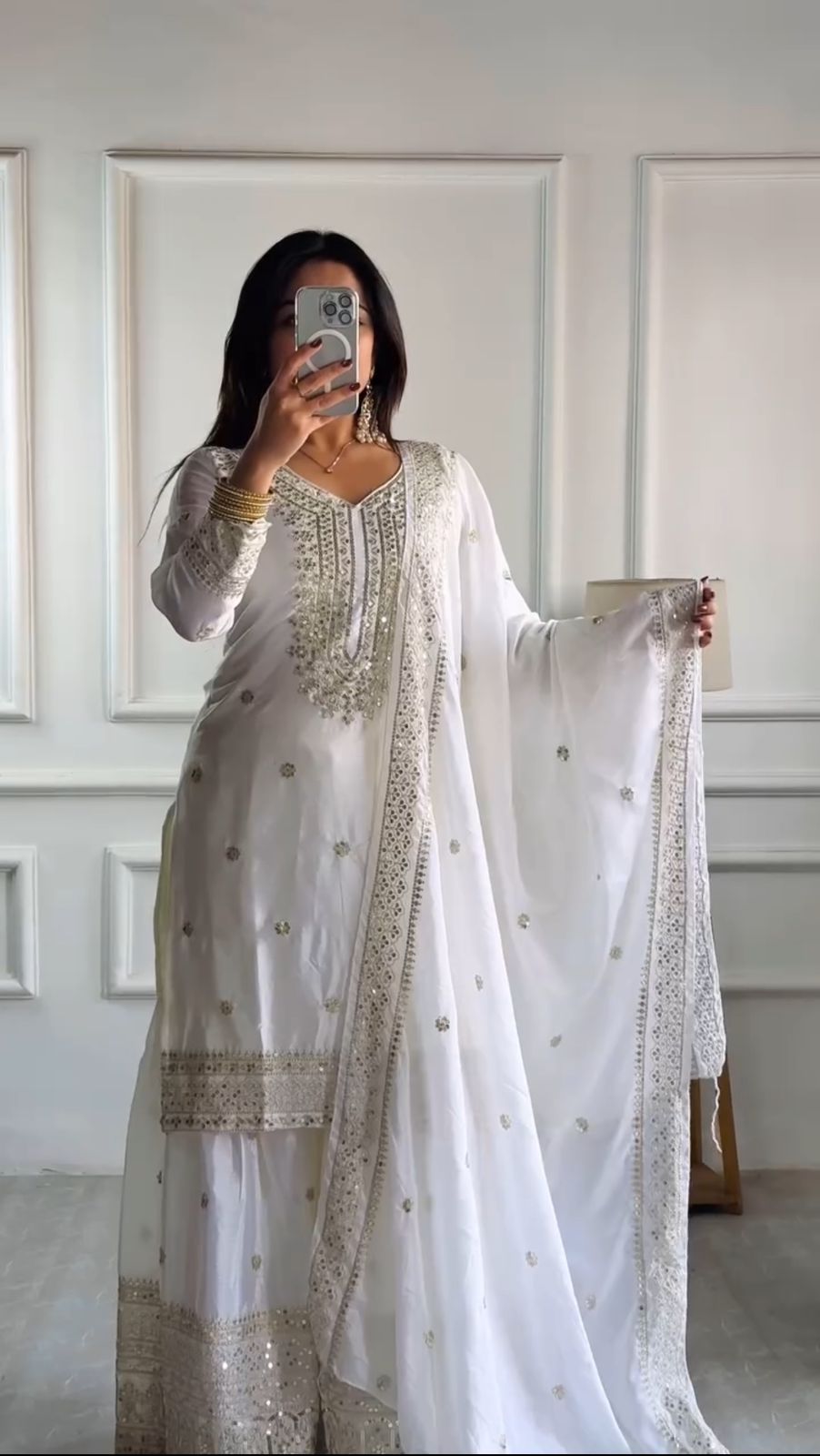 Chinnon Silk Sharara Suit Set – Embroidered Top, Plazo & Dupatta
