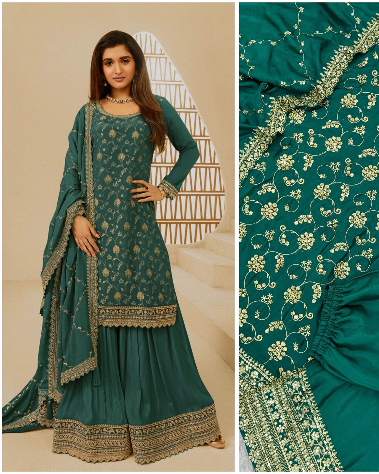Embroidered Chinon Silk Kurti Palazzo Set with Dupatta