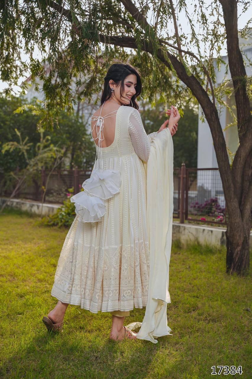 Cream Anarkali Suit with Dupatta – Heavy Embroidered Party Wear Gown