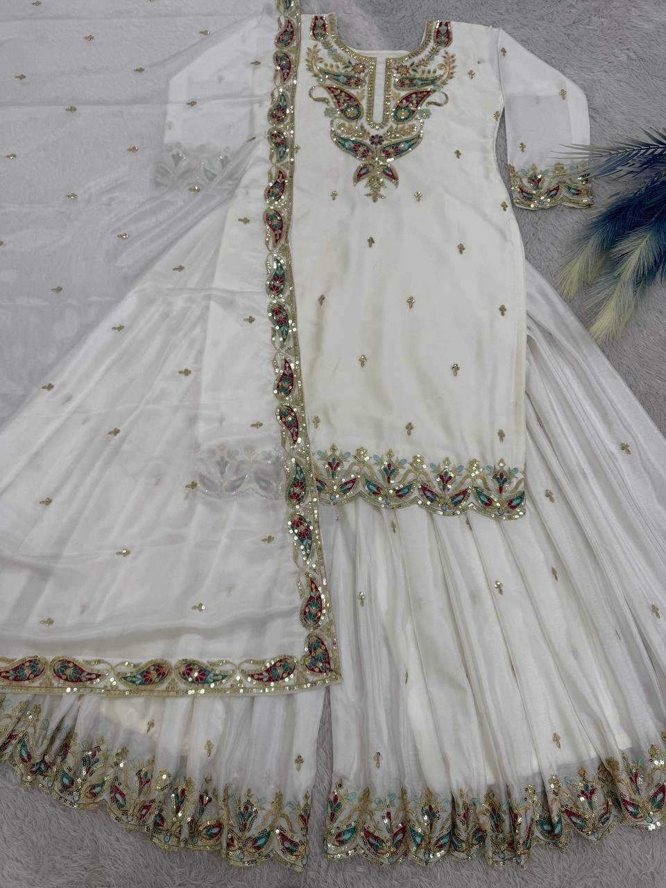 Elegant Chinon Silk Kurti Plazzo Set | Embroidery & Sequence Work