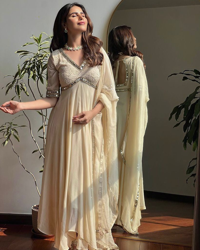 Heavy Faux Georgette Anarkali Gown | Chikankari & Real Mirror Work | Party Wear Set with Dupatta