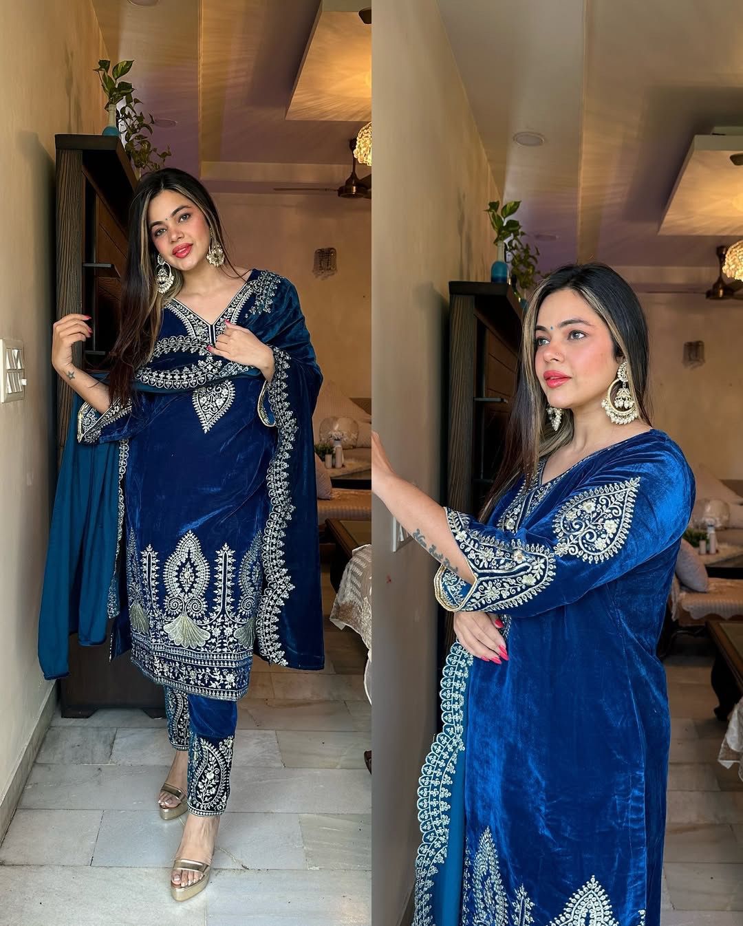 Designer Party Wear Velvet Suit Set – Embroidered Top, Dupatta & Fully Stitched Bottom