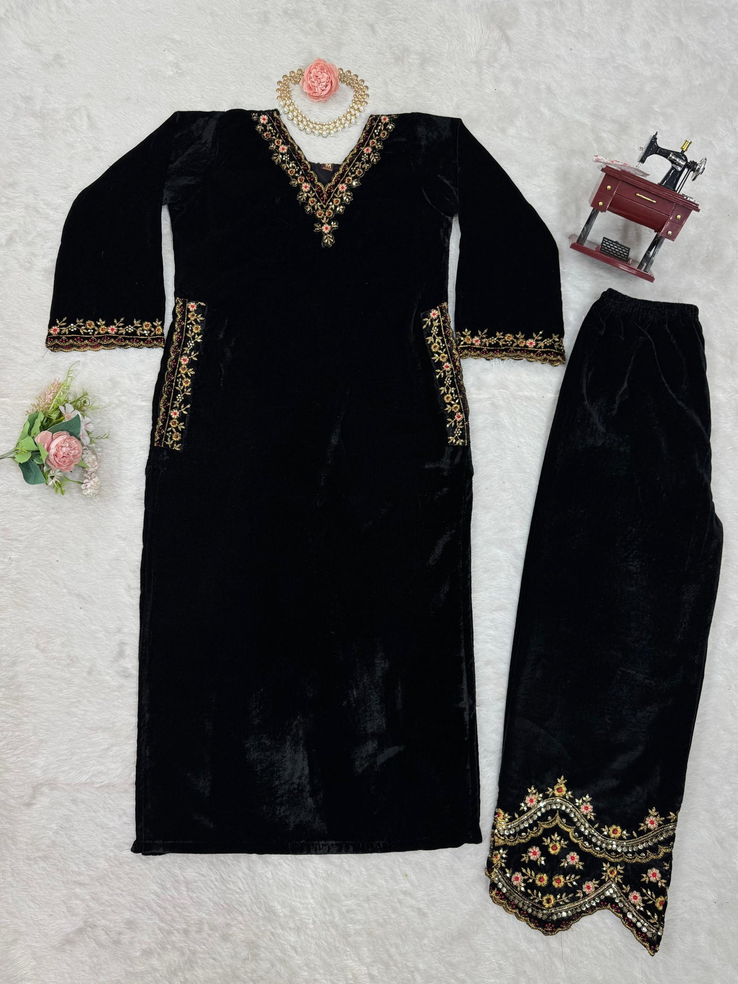 Premium Velvet Suit Set – Embroidered Top with Side Pocket & Fully Stitched Pant