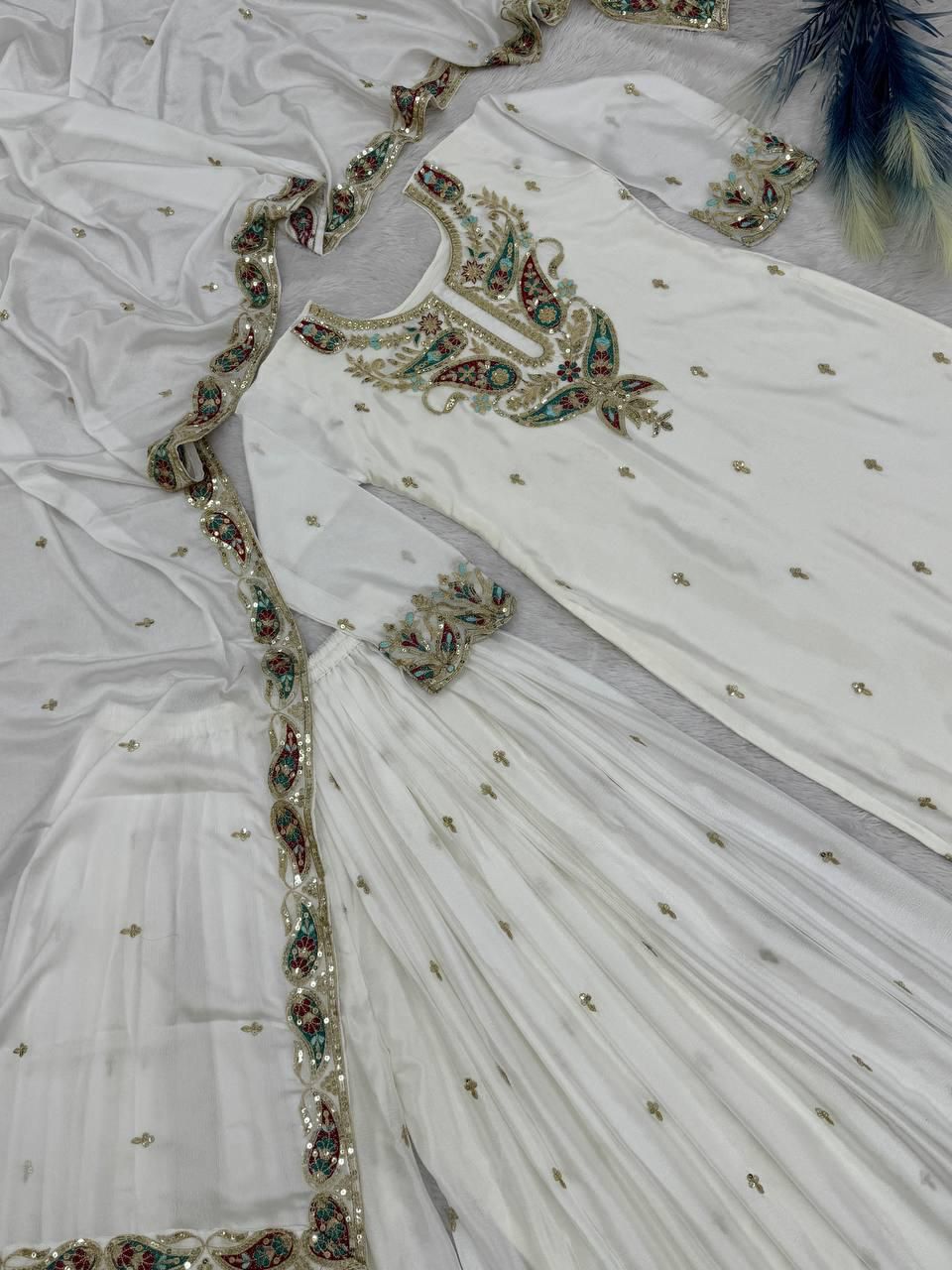 Elegant Chinon Silk Kurti Plazzo Set | Embroidery & Sequence Work