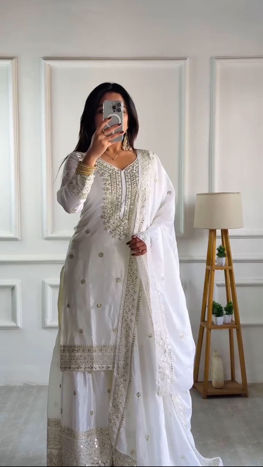 Chinnon Silk Sharara Suit Set – Embroidered Top, Plazo & Dupatta