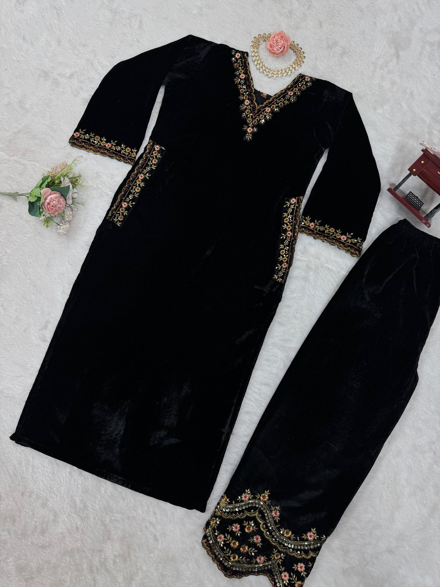 Premium Velvet Suit Set – Embroidered Top with Side Pocket & Fully Stitched Pant