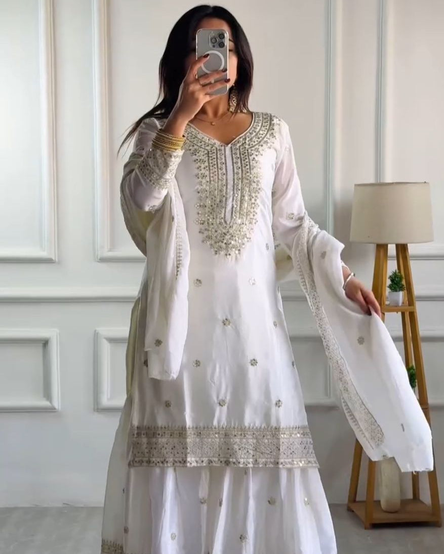 Chinnon Silk Sharara Suit Set – Embroidered Top, Plazo & Dupatta
