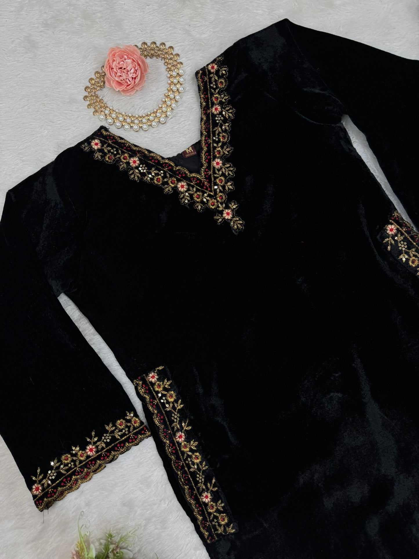 Premium Velvet Suit Set – Embroidered Top with Side Pocket & Fully Stitched Pant