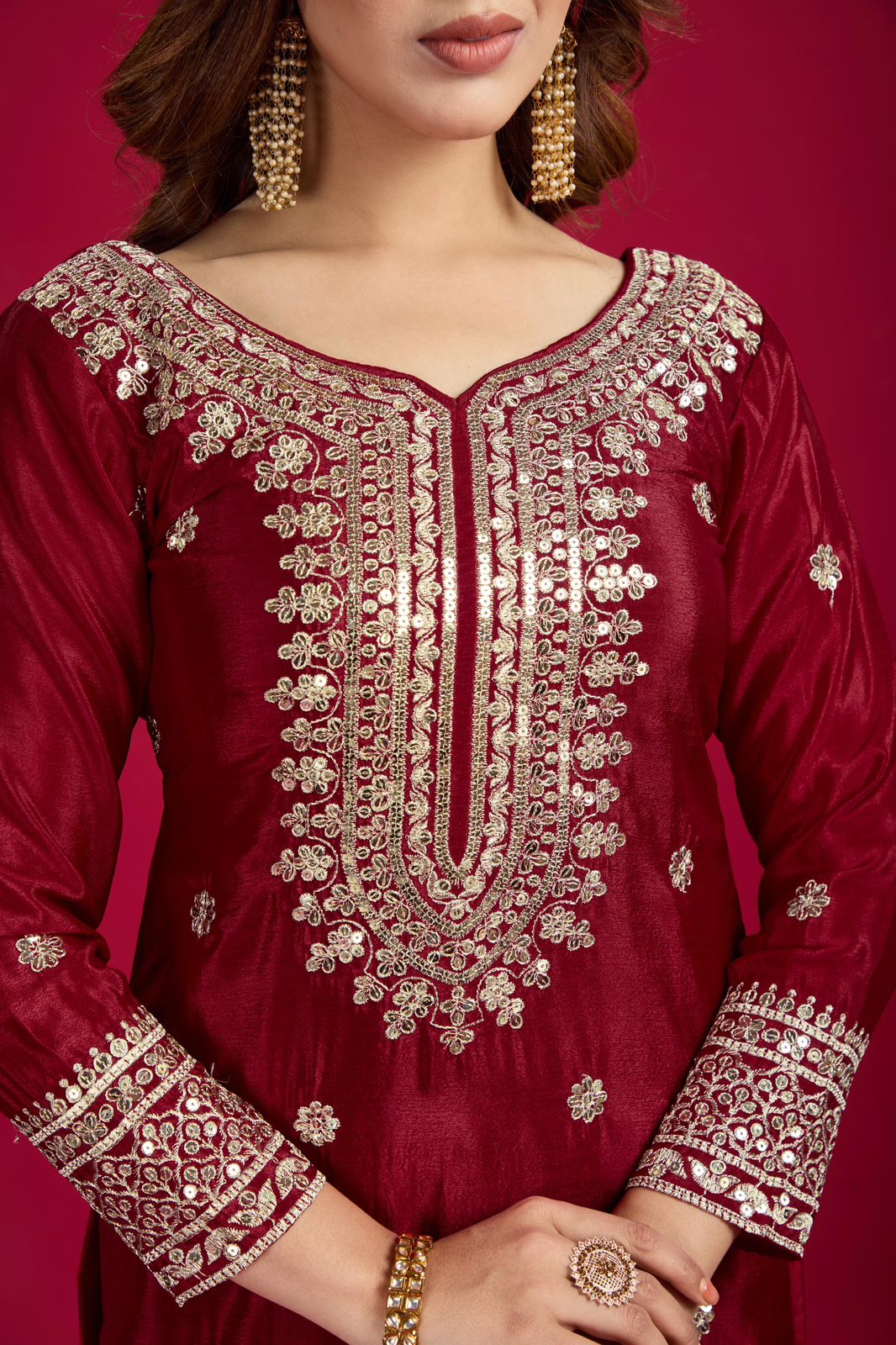 Chinnon Silk Sharara Suit Set – Embroidered Top, Plazo & Dupatta
