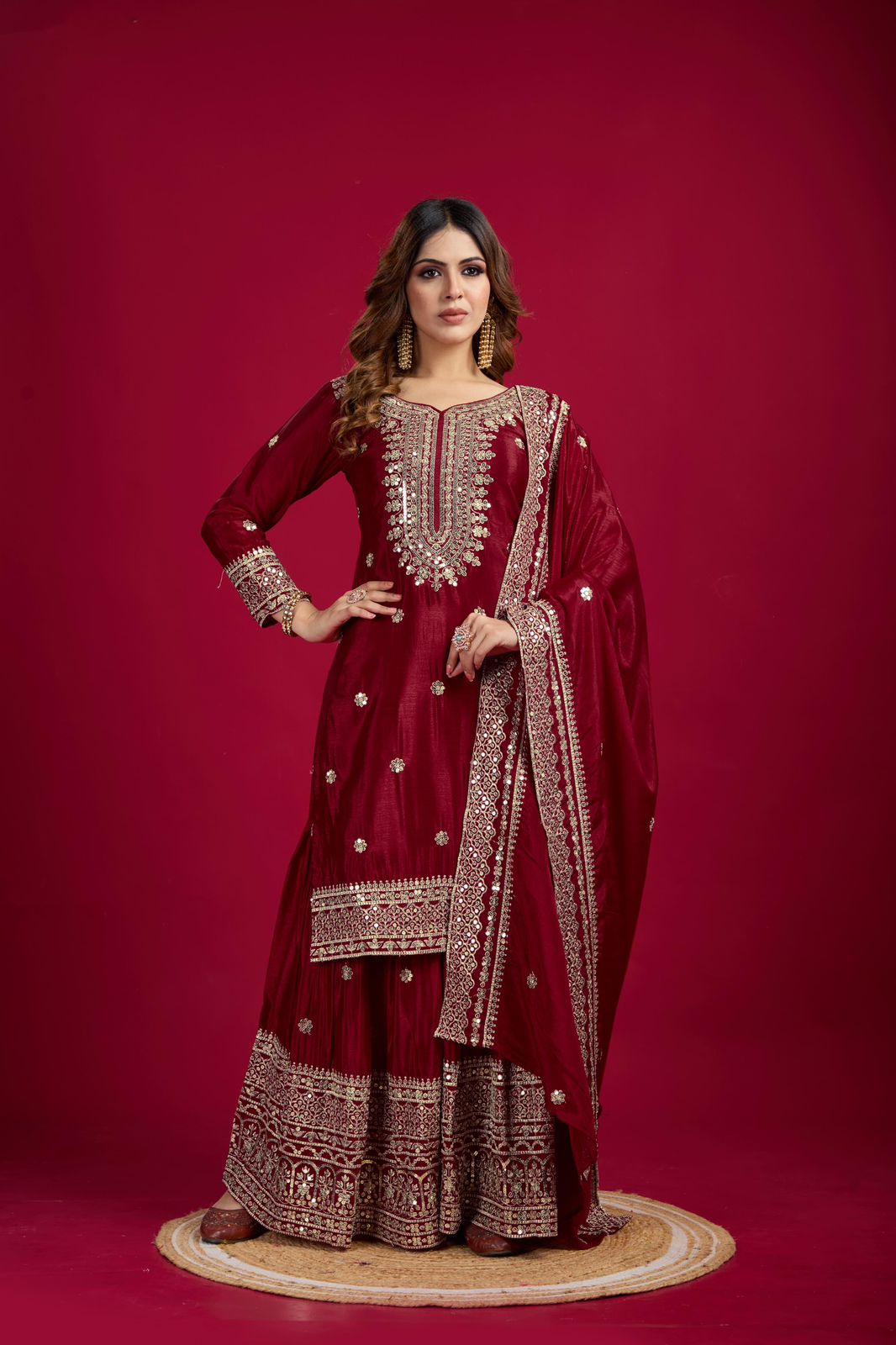 Chinnon Silk Sharara Suit Set – Embroidered Top, Plazo & Dupatta