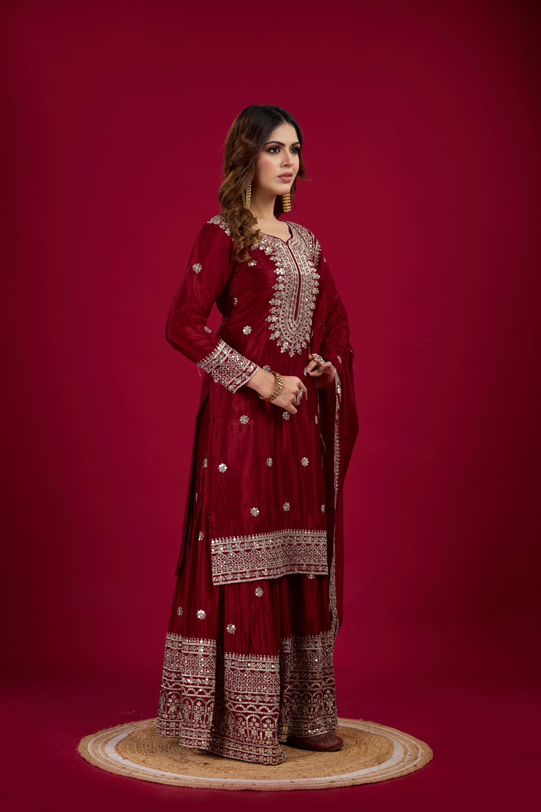 Chinnon Silk Sharara Suit Set – Embroidered Top, Plazo & Dupatta