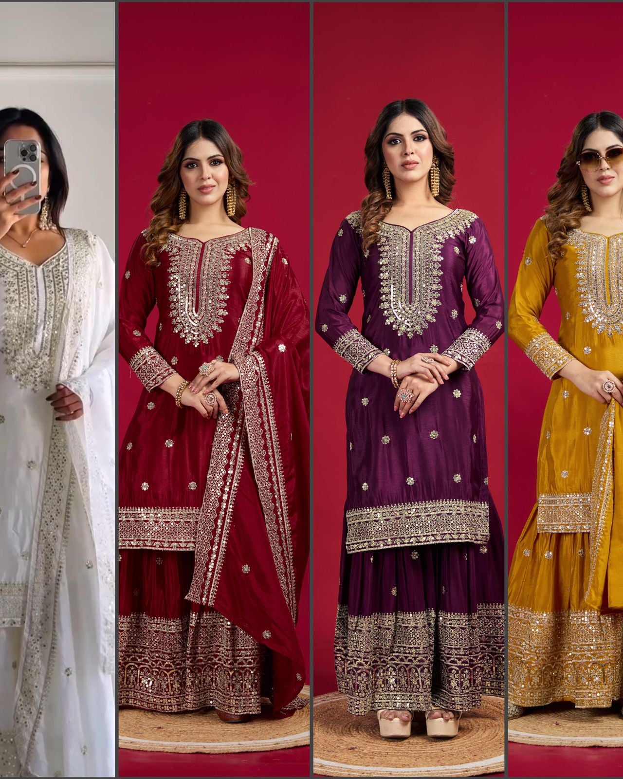 Chinnon Silk Sharara Suit Set – Embroidered Top, Plazo & Dupatta