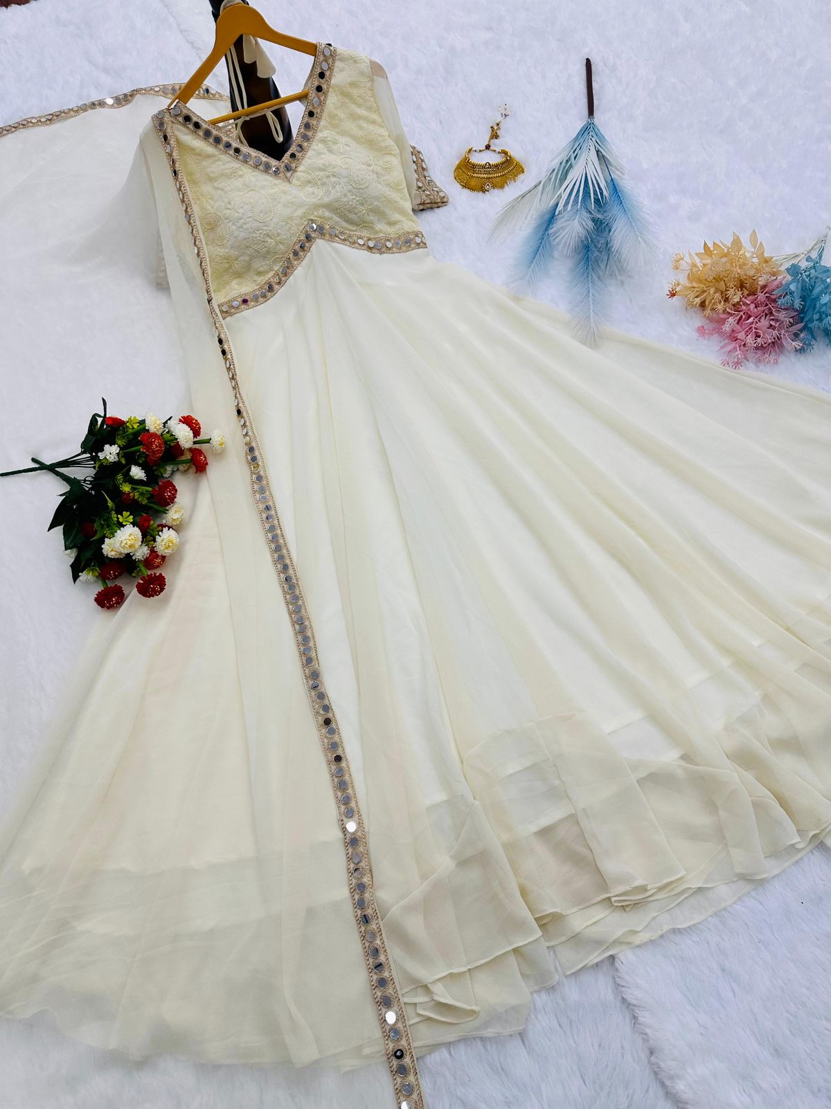 Heavy Faux Georgette Anarkali Gown | Chikankari & Real Mirror Work | Party Wear Set with Dupatta