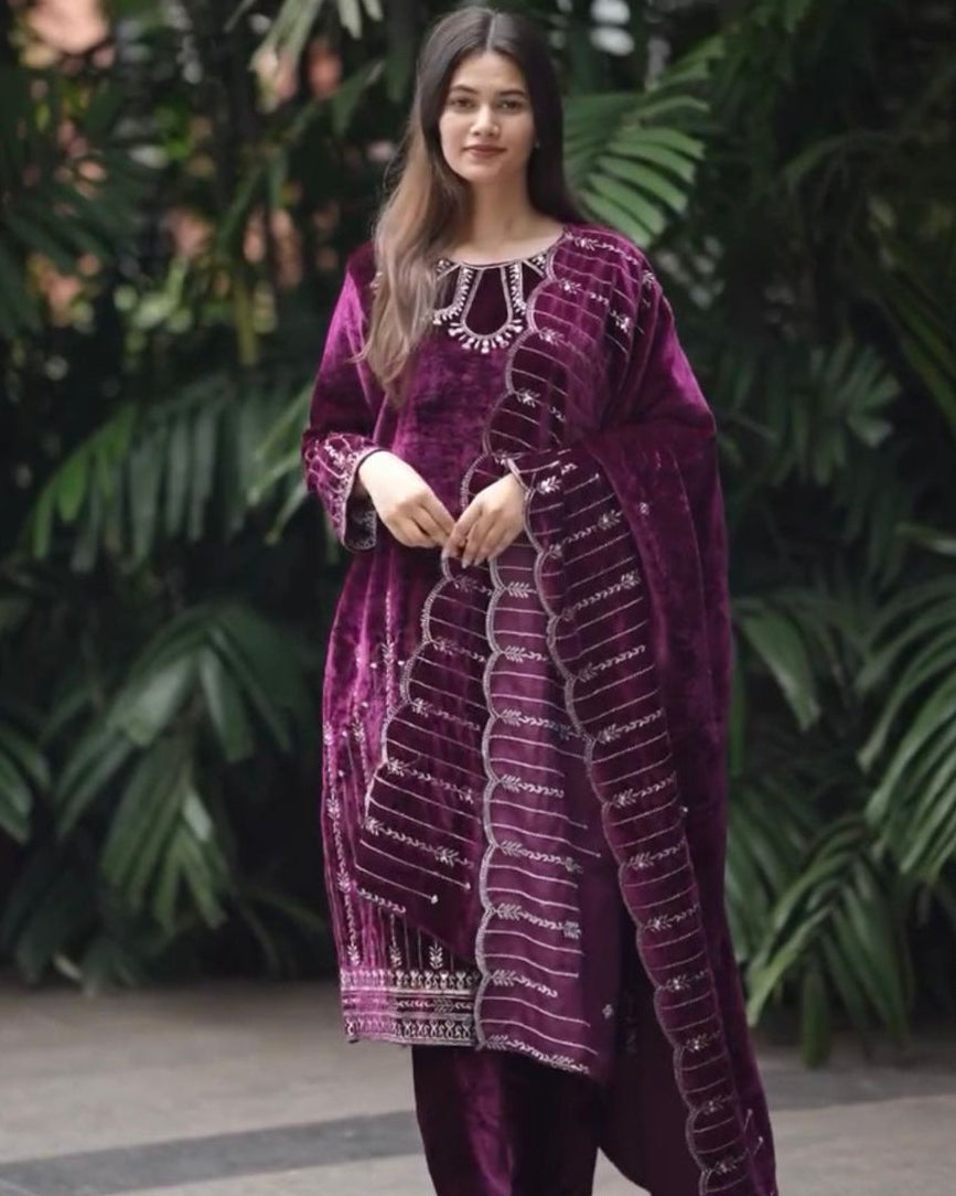 Heavy Velvet Party Wear Suit – Embroidered Top, Dupatta & Fully Stitched Bottom Set