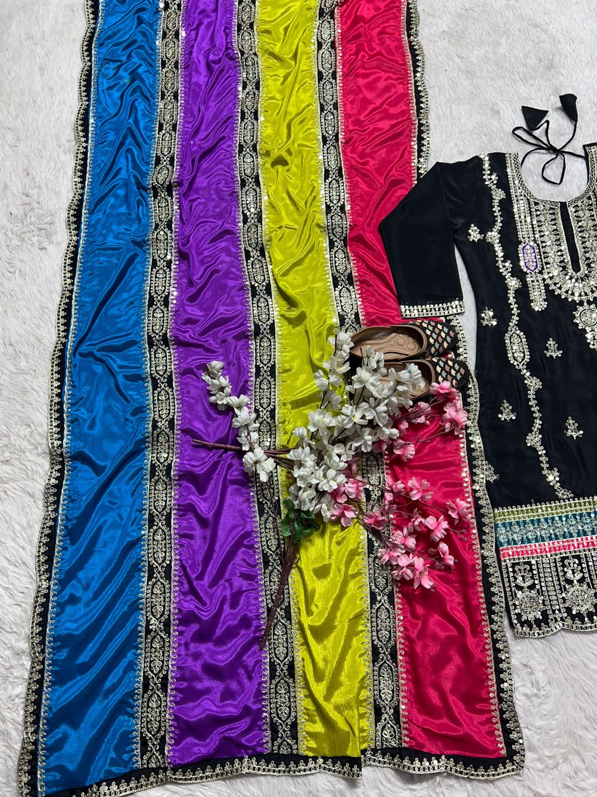 Pure Chinnon Silk Embroidered Suit Set with Palazzo & Dupatta