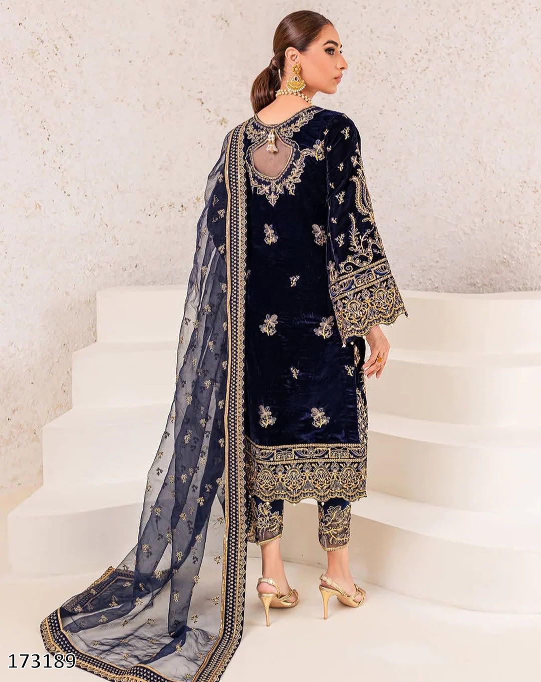 Designer Party Wear Velvet Suit Set – Embroidered Top, Dupatta & Fully Stitched Bottom