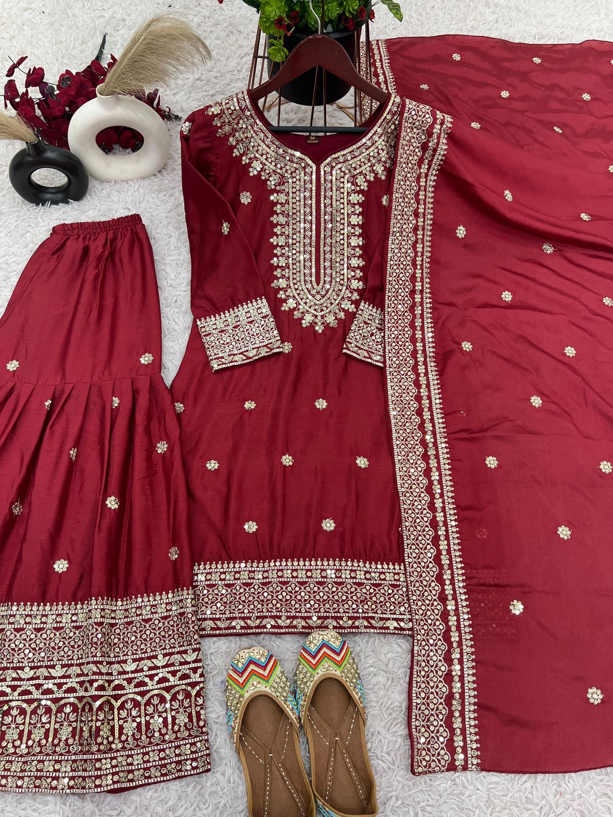 Chinnon Silk Sharara Suit Set – Embroidered Top, Plazo & Dupatta