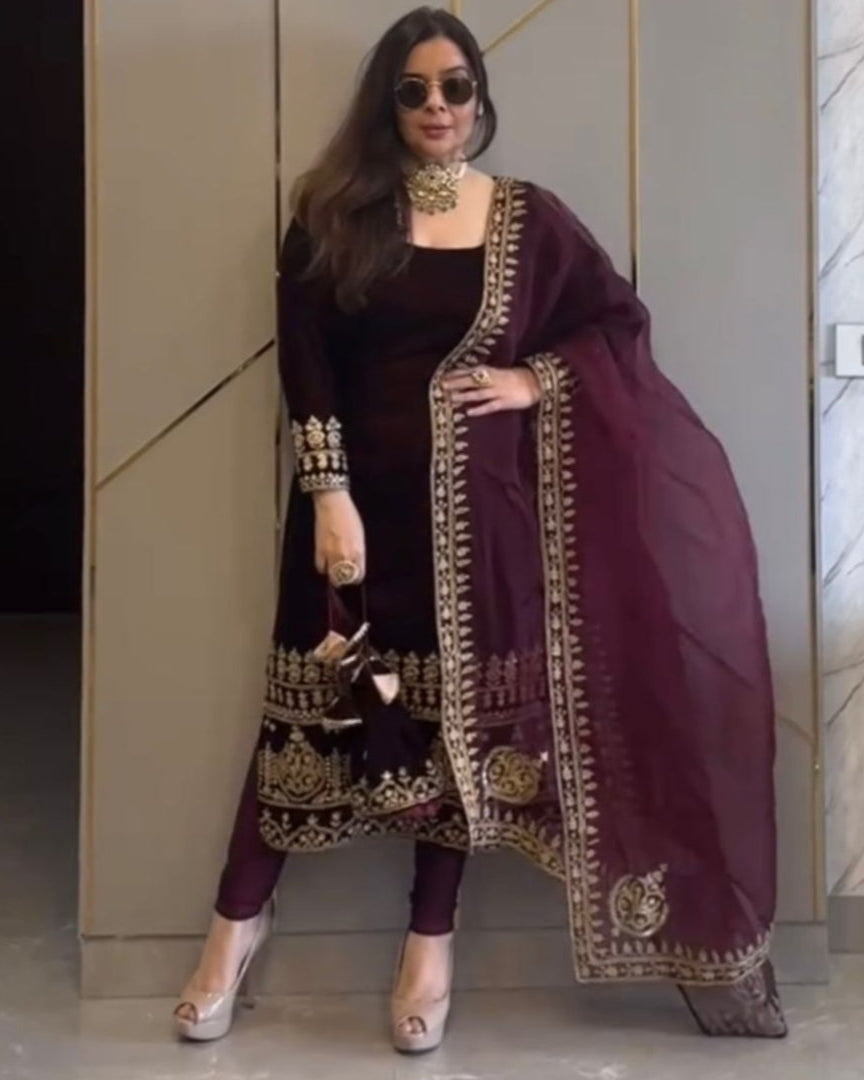 Designer Party Wear Velvet Suit โ Heavy Embroidered Top with Dupatta & Fully Stitched Bottom