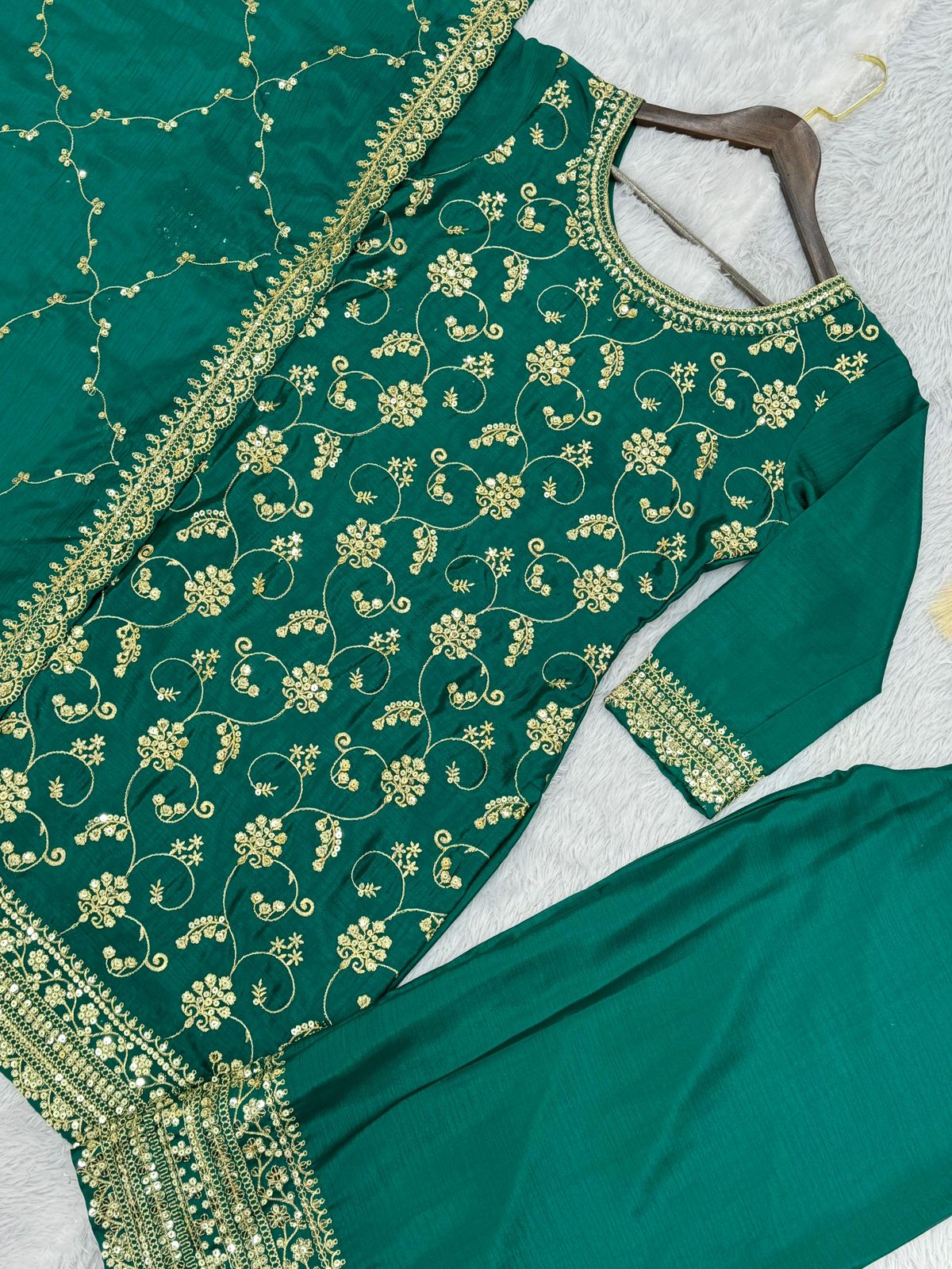 Embroidered Chinon Silk Kurti Palazzo Set with Dupatta