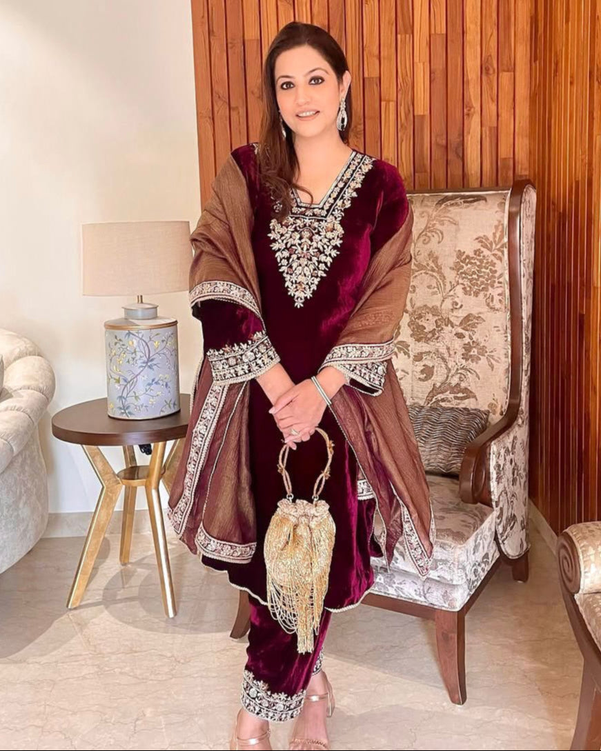 Designer Velvet Suit Set – Embroidered Top, Bottom & Dupatta