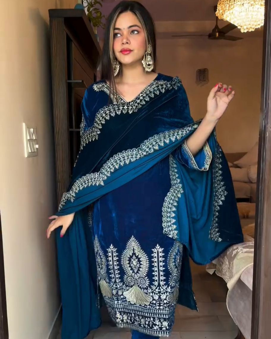 Designer Party Wear Velvet Suit Set – Embroidered Top, Dupatta & Fully Stitched Bottom