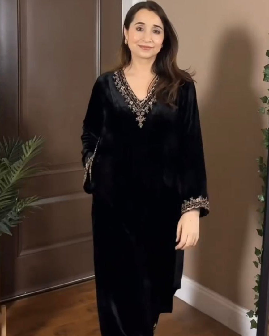 Premium Velvet Suit Set – Embroidered Top with Side Pocket & Fully Stitched Pant
